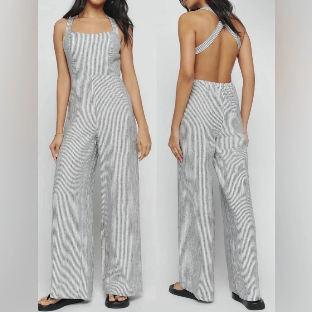 NEW Reformation Autumn Linen Jumpsuit Vineyard Stripes Size 2